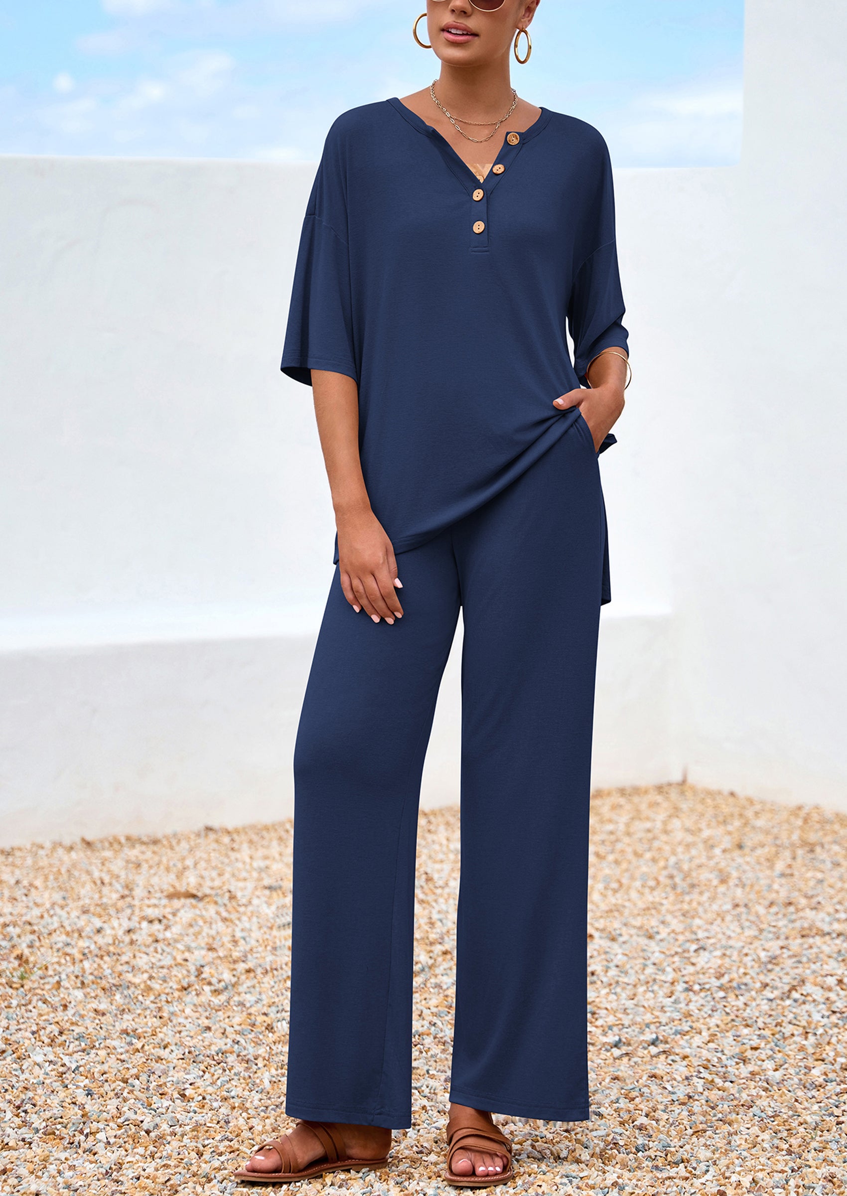 PRETTYGARDEN Women's 2 Piece Outfits Summer Casual V Neck Short Sleeve Tops Wide Leg Pants Matching Lounge Sets