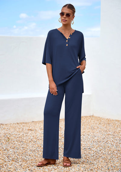 PRETTYGARDEN Women's 2 Piece Outfits Summer Casual V Neck Short Sleeve Tops Wide Leg Pants Matching Lounge Sets