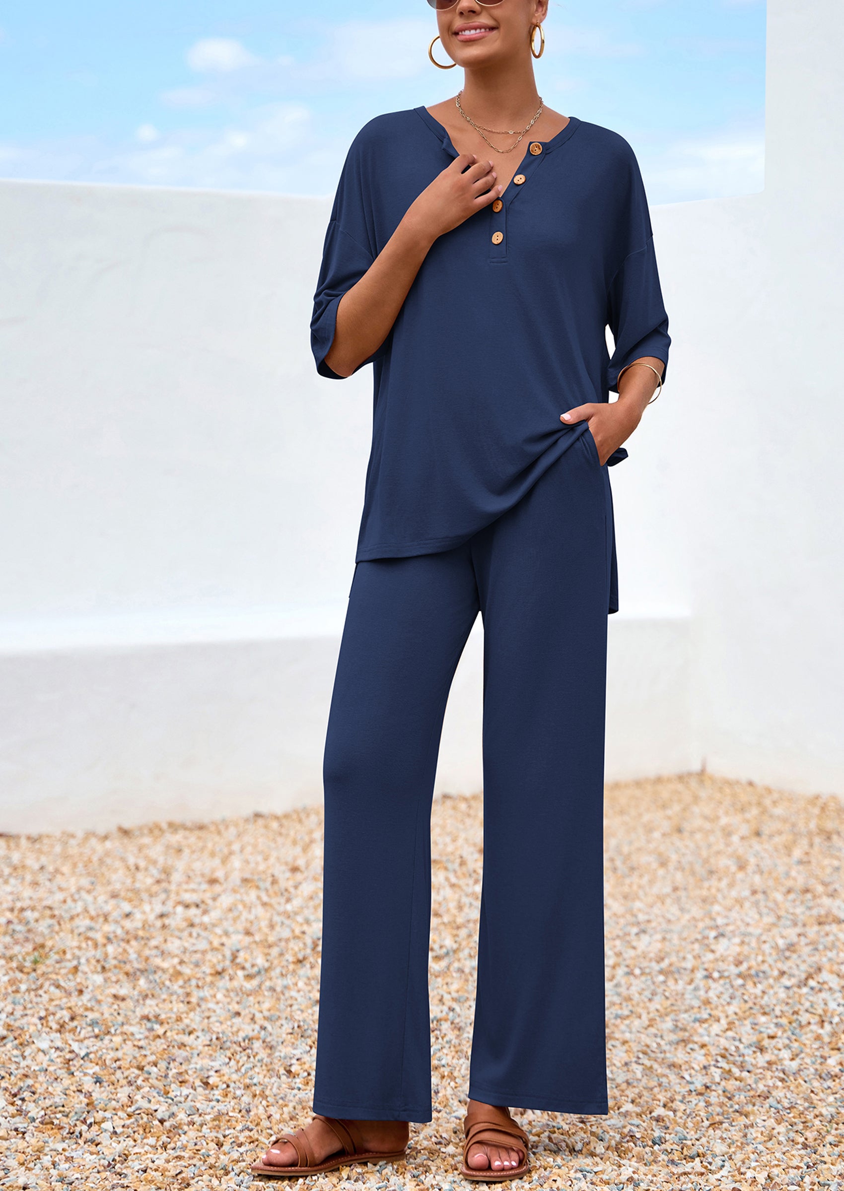 PRETTYGARDEN Women's 2 Piece Outfits Summer Casual V Neck Short Sleeve Tops Wide Leg Pants Matching Lounge Sets