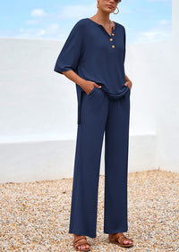 PRETTYGARDEN Women's 2 Piece Outfits Summer Casual V Neck Short Sleeve Tops Wide Leg Pants Matching Lounge Sets