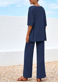 PRETTYGARDEN Women's 2 Piece Outfits Summer Casual V Neck Short Sleeve Tops Wide Leg Pants Matching Lounge Sets