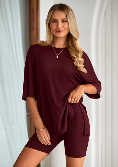 PRETTYGARDEN Women's Two Piece Lounge Set Summer Casual Oversized Shirts Biker Shorts Matching Airport Travel Outfit