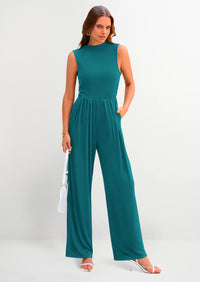 PRETTYGARDEN Womens Summer Jumpsuits Dressy Casual One Piece Outfits Sleeveless Mock Neck Wide Leg Pants Rompers with Pockets