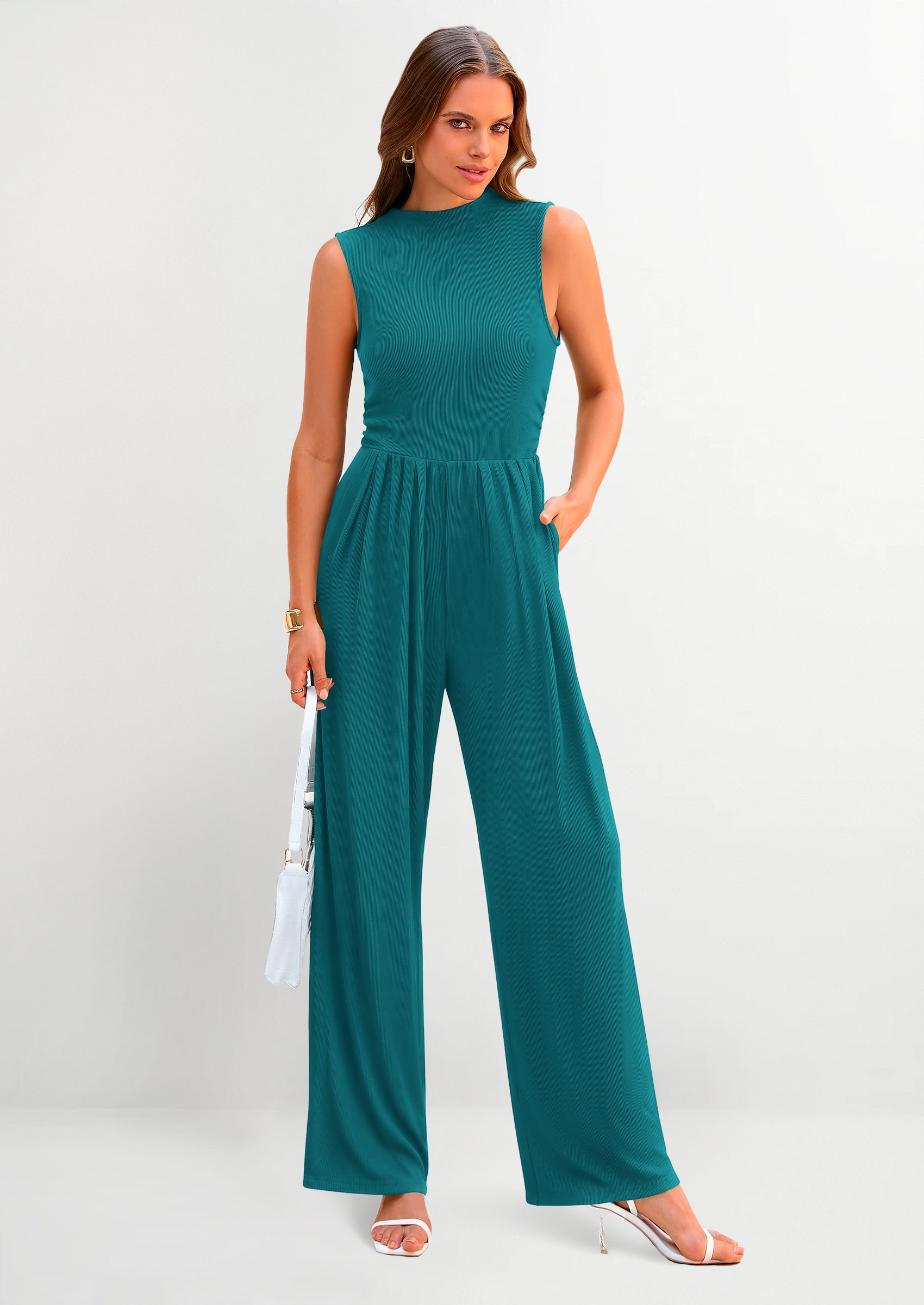 PRETTYGARDEN Womens Summer Jumpsuits Dressy Casual One Piece Outfits Sleeveless Mock Neck Wide Leg Pants Rompers with Pockets