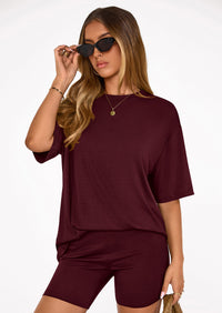 PRETTYGARDEN Women's Two Piece Matching Lounge Sets Summer Casual Tops Short Sleeve Shirts Shorts Travel Airport Outfits PRETTYGARDEN