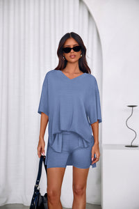 PRETTYGARDEN 2 Piece Sets for Women Summer Lounge Short Set Spring Matching Biker Shorts V Neck Oversized Shirt Clothing PRETTYGARDEN