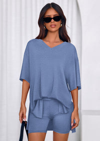 PRETTYGARDEN 2 Piece Sets for Women Summer Lounge Short Set Spring Matching Biker Shorts V Neck Oversized Shirt Clothing PRETTYGARDEN