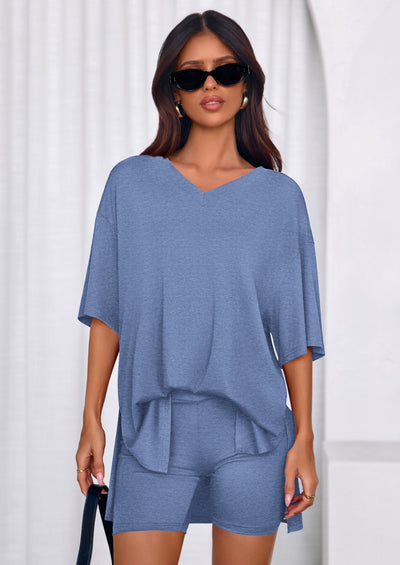 PRETTYGARDEN 2 Piece Sets for Women Summer Lounge Short Set Spring Matching Biker Shorts V Neck Oversized Shirt Clothing PRETTYGARDEN