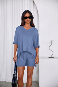 PRETTYGARDEN 2 Piece Sets for Women Summer Lounge Short Set Spring Matching Biker Shorts V Neck Oversized Shirt Clothing PRETTYGARDEN