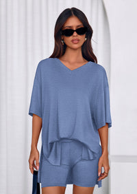 PRETTYGARDEN 2 Piece Sets for Women Summer Lounge Short Set Spring Matching Biker Shorts V Neck Oversized Shirt Clothing PRETTYGARDEN