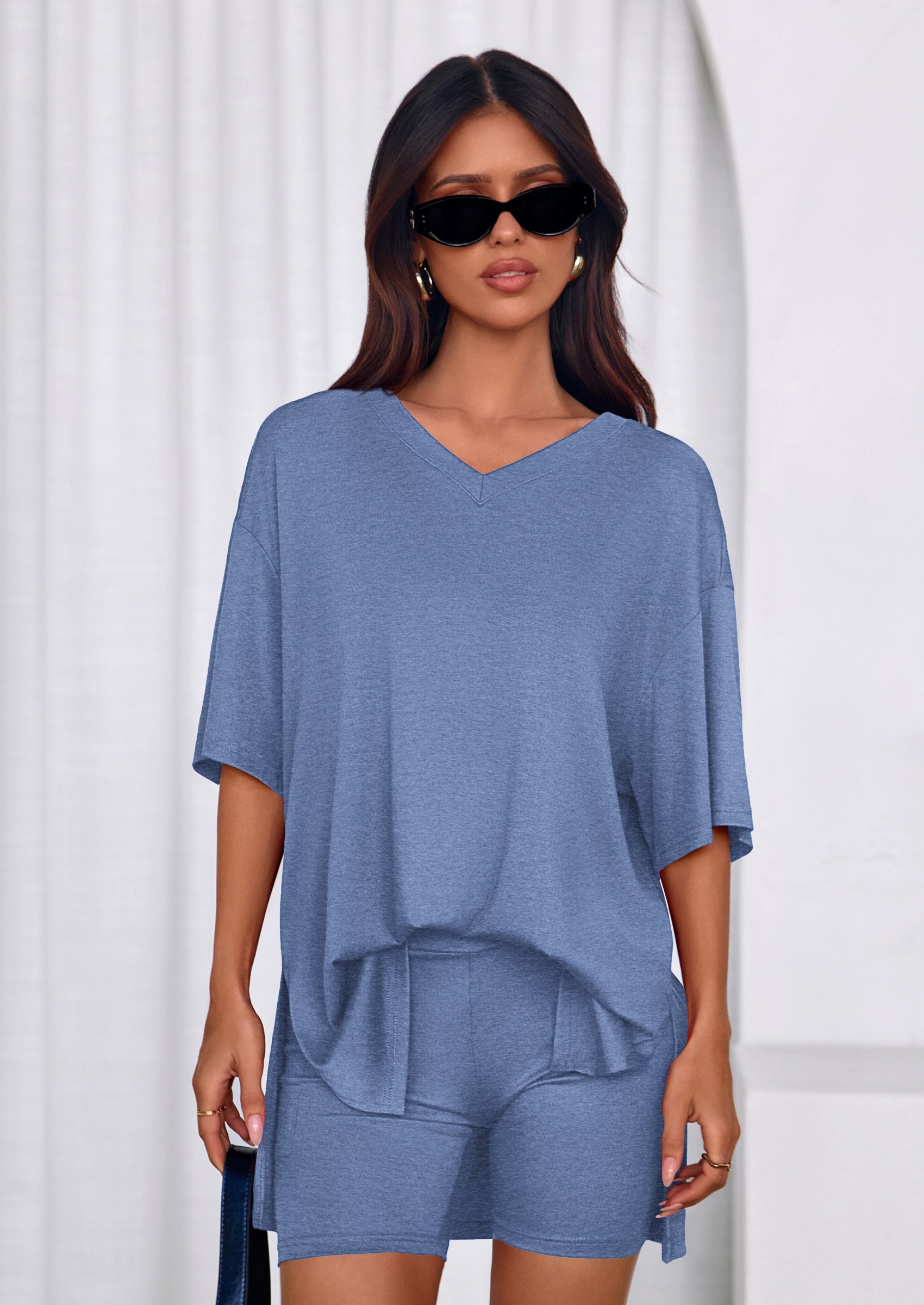 PRETTYGARDEN 2 Piece Sets for Women Summer Lounge Short Set Spring Matching Biker Shorts V Neck Oversized Shirt Clothing PRETTYGARDEN