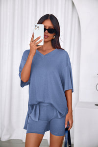 PRETTYGARDEN 2 Piece Sets for Women Summer Lounge Short Set Spring Matching Biker Shorts V Neck Oversized Shirt Clothing PRETTYGARDEN