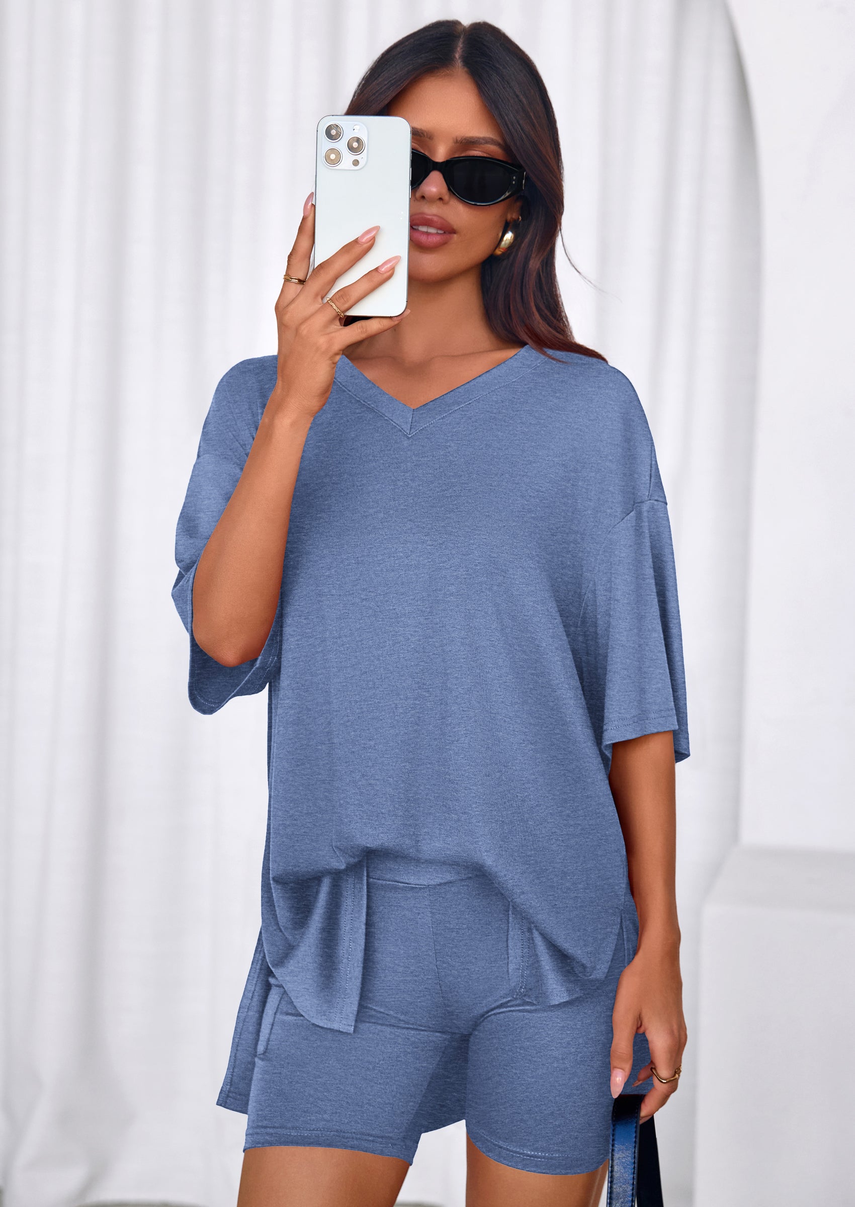 PRETTYGARDEN 2 Piece Sets for Women Summer Lounge Short Set Spring Matching Biker Shorts V Neck Oversized Shirt Clothing PRETTYGARDEN