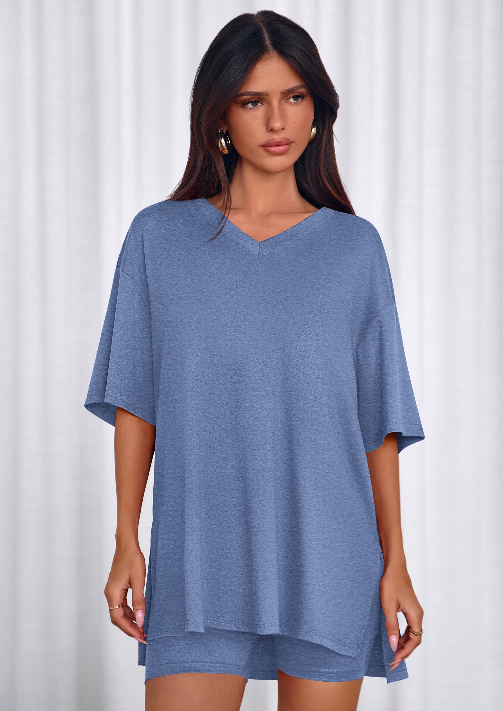 PRETTYGARDEN 2 Piece Sets for Women Summer Lounge Short Set Spring Matching Biker Shorts V Neck Oversized Shirt Clothing PRETTYGARDEN