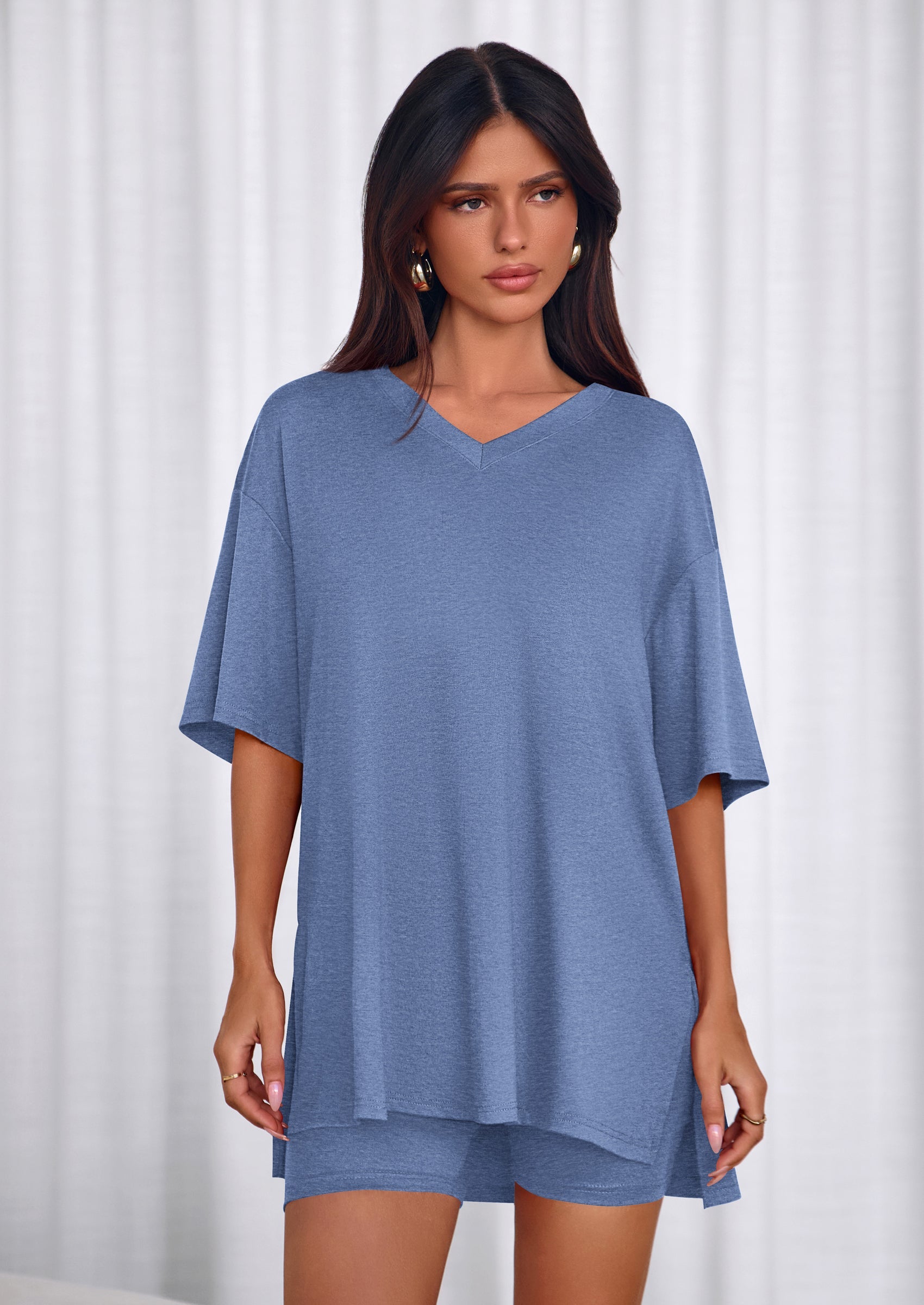 PRETTYGARDEN 2 Piece Sets for Women Summer Lounge Short Set Spring Matching Biker Shorts V Neck Oversized Shirt Clothing PRETTYGARDEN