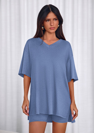 PRETTYGARDEN 2 Piece Sets for Women Summer Lounge Short Set Spring Matching Biker Shorts V Neck Oversized Shirt Clothing PRETTYGARDEN