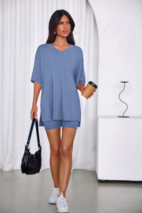 PRETTYGARDEN 2 Piece Sets for Women Summer Lounge Short Set Spring Matching Biker Shorts V Neck Oversized Shirt Clothing PRETTYGARDEN