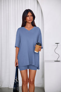 PRETTYGARDEN 2 Piece Sets for Women Summer Lounge Short Set Spring Matching Biker Shorts V Neck Oversized Shirt Clothing PRETTYGARDEN