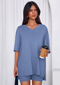 PRETTYGARDEN 2 Piece Sets for Women Summer Lounge Short Set Spring Matching Biker Shorts V Neck Oversized Shirt Clothing PRETTYGARDEN