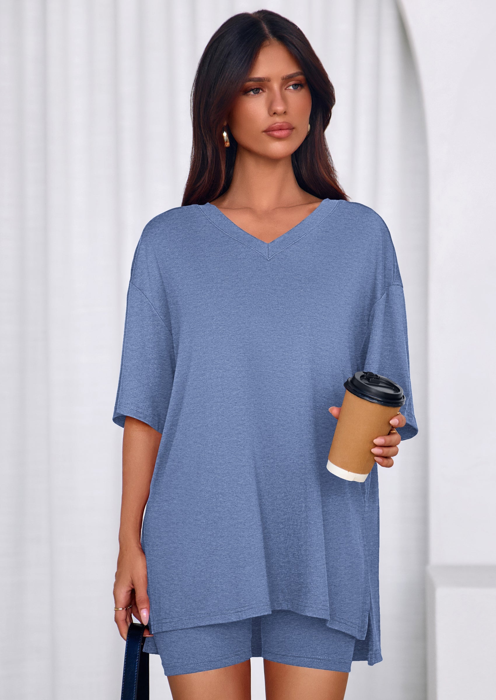 PRETTYGARDEN 2 Piece Sets for Women Summer Lounge Short Set Spring Matching Biker Shorts V Neck Oversized Shirt Clothing PRETTYGARDEN