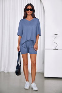 PRETTYGARDEN 2 Piece Sets for Women Summer Lounge Short Set Spring Matching Biker Shorts V Neck Oversized Shirt Clothing PRETTYGARDEN