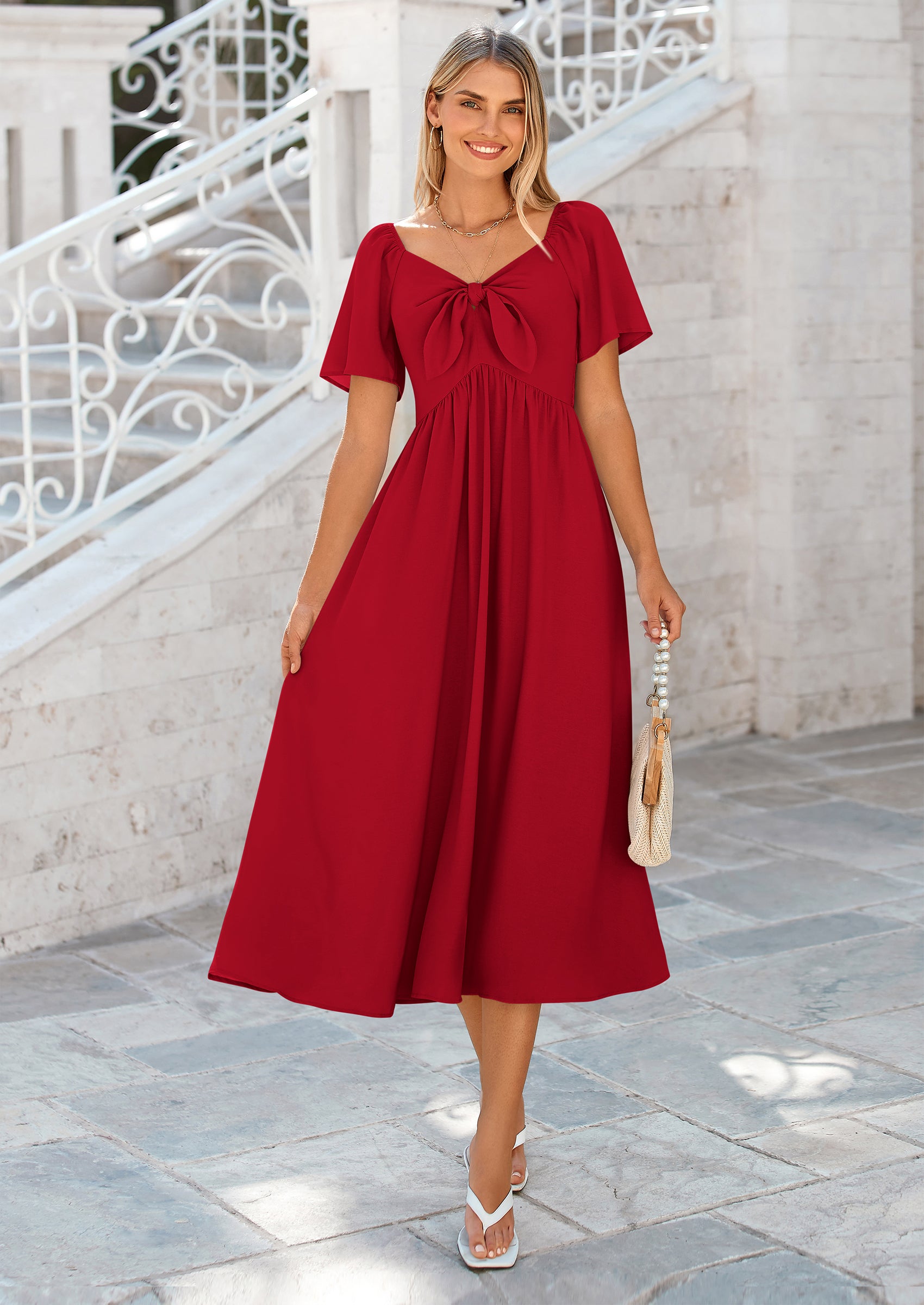 PRETTYGARDEN Summer Dress for Women Casual Short Sleeve Bow Tie V Neck Ruffle Midi Flowy Dresses