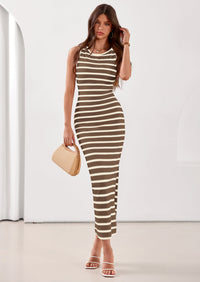 PRETTYGARDEN Sundresses for Women Summer Striped Knit Side Slit Spring Fashion Bodycon Maxi Dress Beach Vacation Clothes PRETTYGARDEN