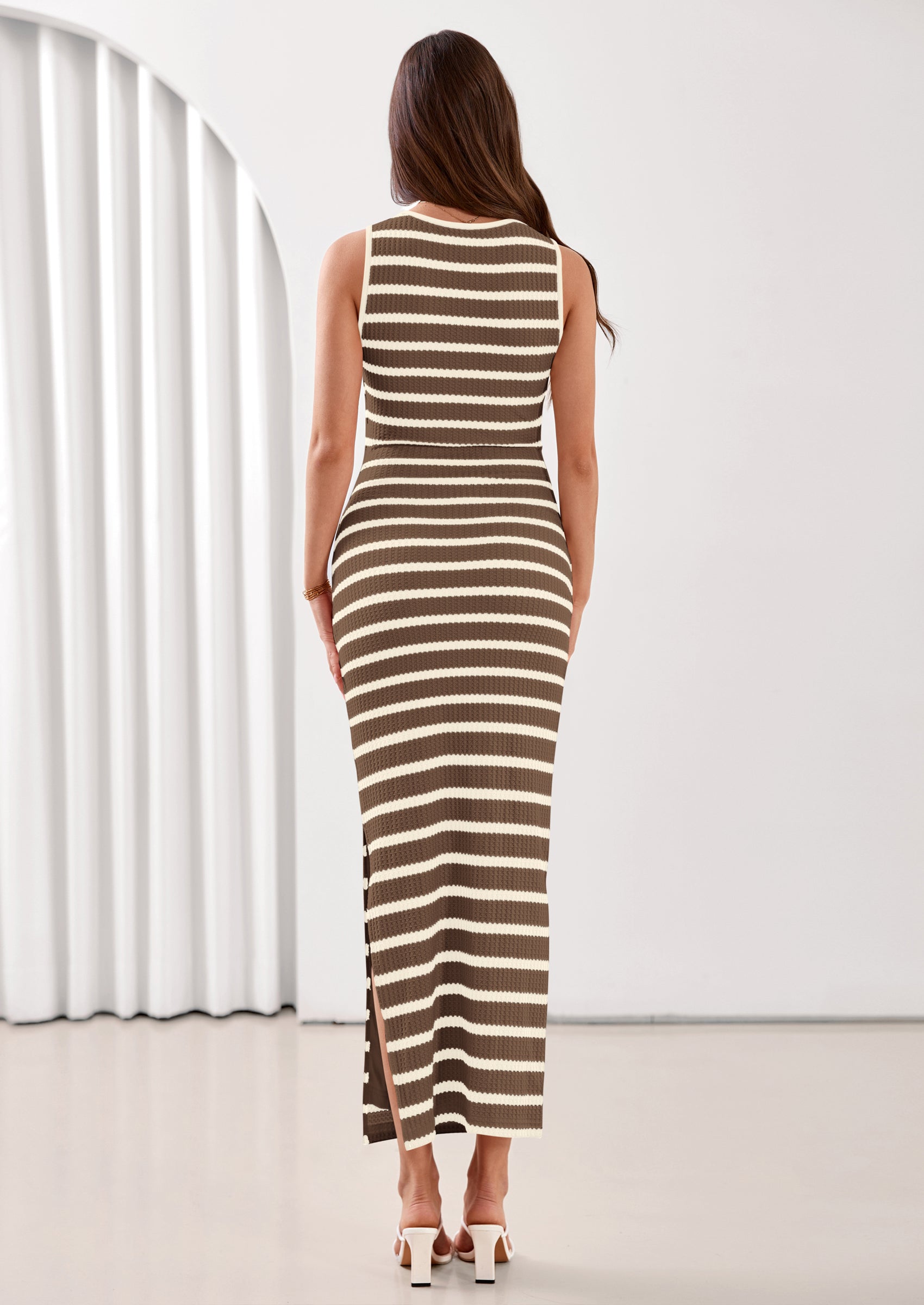 PRETTYGARDEN Sundresses for Women Summer Striped Knit Side Slit Spring Fashion Bodycon Maxi Dress Beach Vacation Clothes PRETTYGARDEN