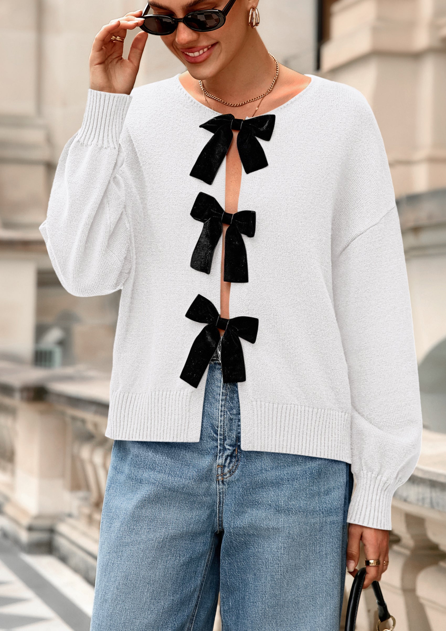 PRETTYGARDEN Cardigan Sweaters for Women Fall Bow Tie Front Long Sleeve Knit Sweater Tops Cute Going Out Outfits