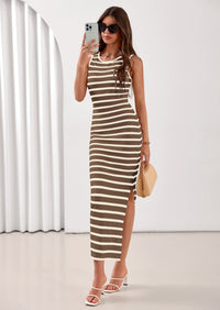 PRETTYGARDEN Sundresses for Women Summer Striped Knit Side Slit Spring Fashion Bodycon Maxi Dress Beach Vacation Clothes PRETTYGARDEN