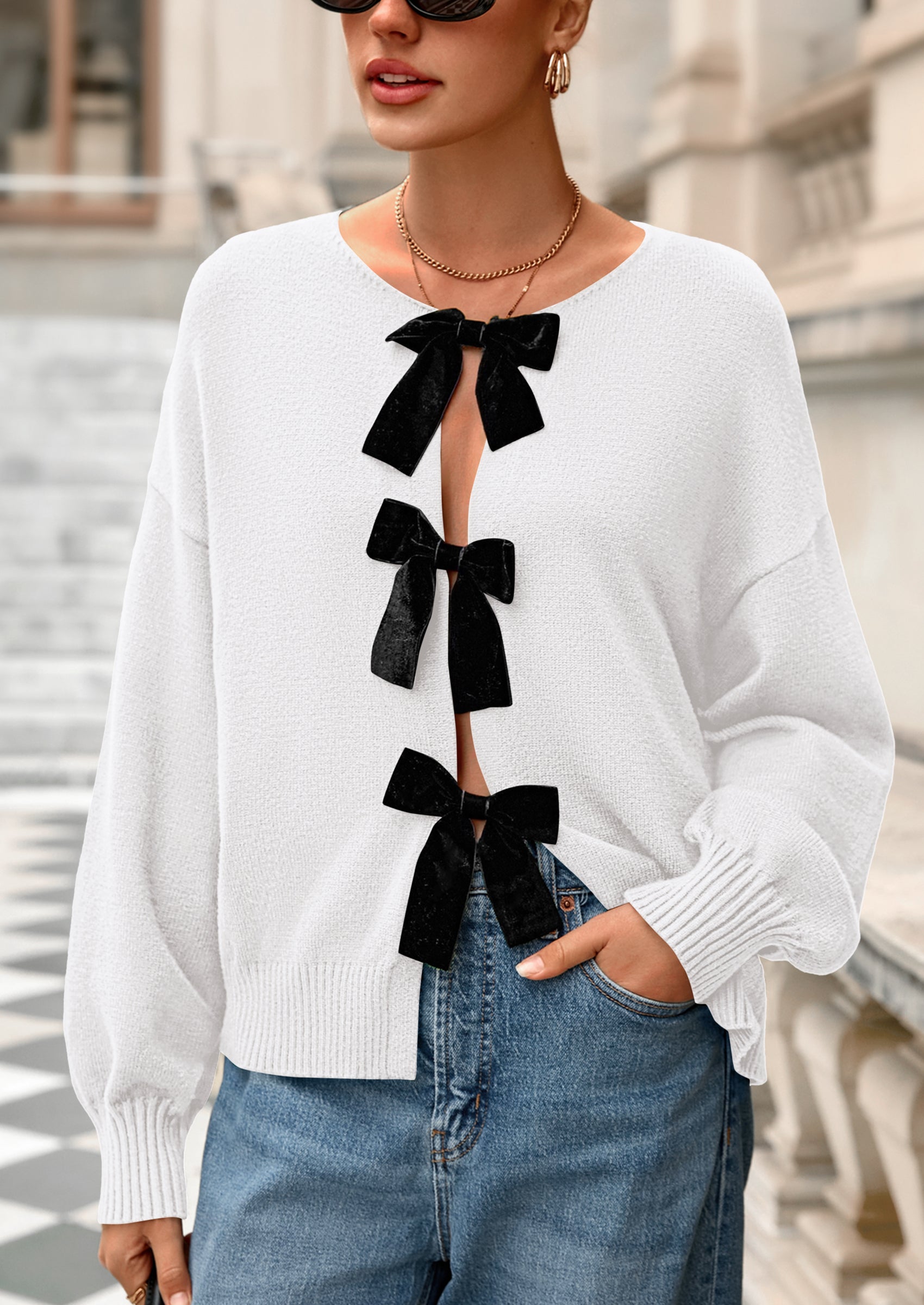 PRETTYGARDEN Cardigan Sweaters for Women Fall Bow Tie Front Long Sleeve Knit Sweater Tops Cute Going Out Outfits