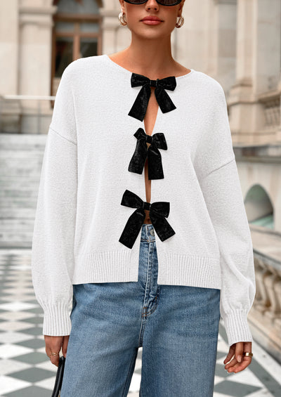 PRETTYGARDEN Cardigan Sweaters for Women Fall Bow Tie Front Long Sleeve Knit Sweater Tops Cute Going Out Outfits