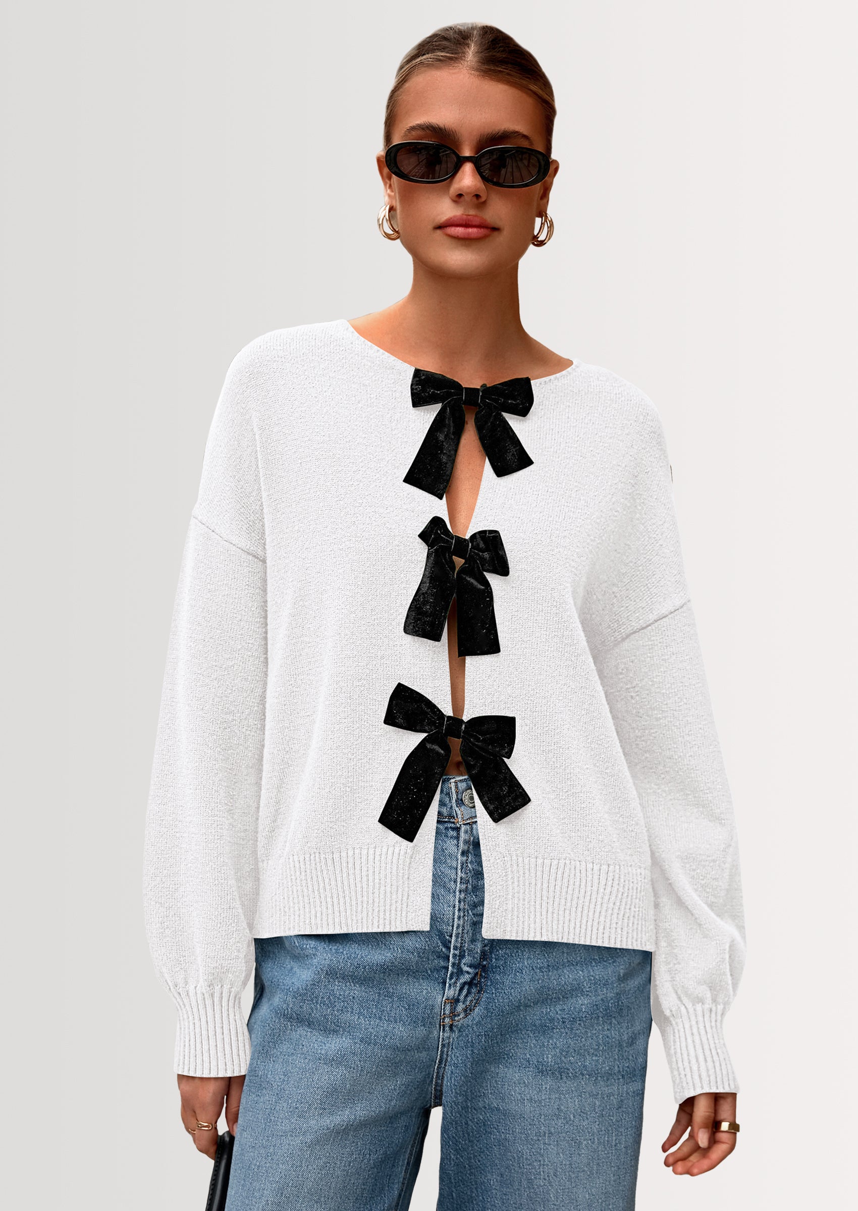 PRETTYGARDEN Cardigan Sweaters for Women Fall Bow Tie Front Long Sleeve Knit Sweater Tops Cute Going Out Outfits