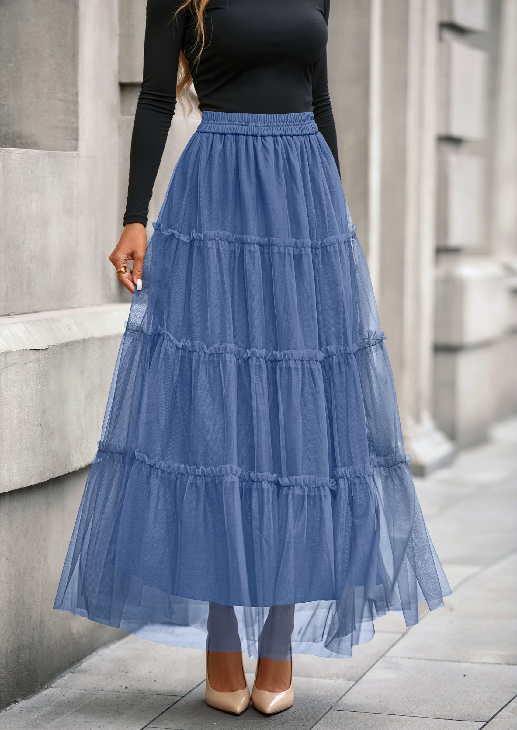 PRETTYGARDEN Maxi Skirts for Women Fall Tulle High Waisted Ruffle Flowy A-Line Long Skirt Country Concert Outfits