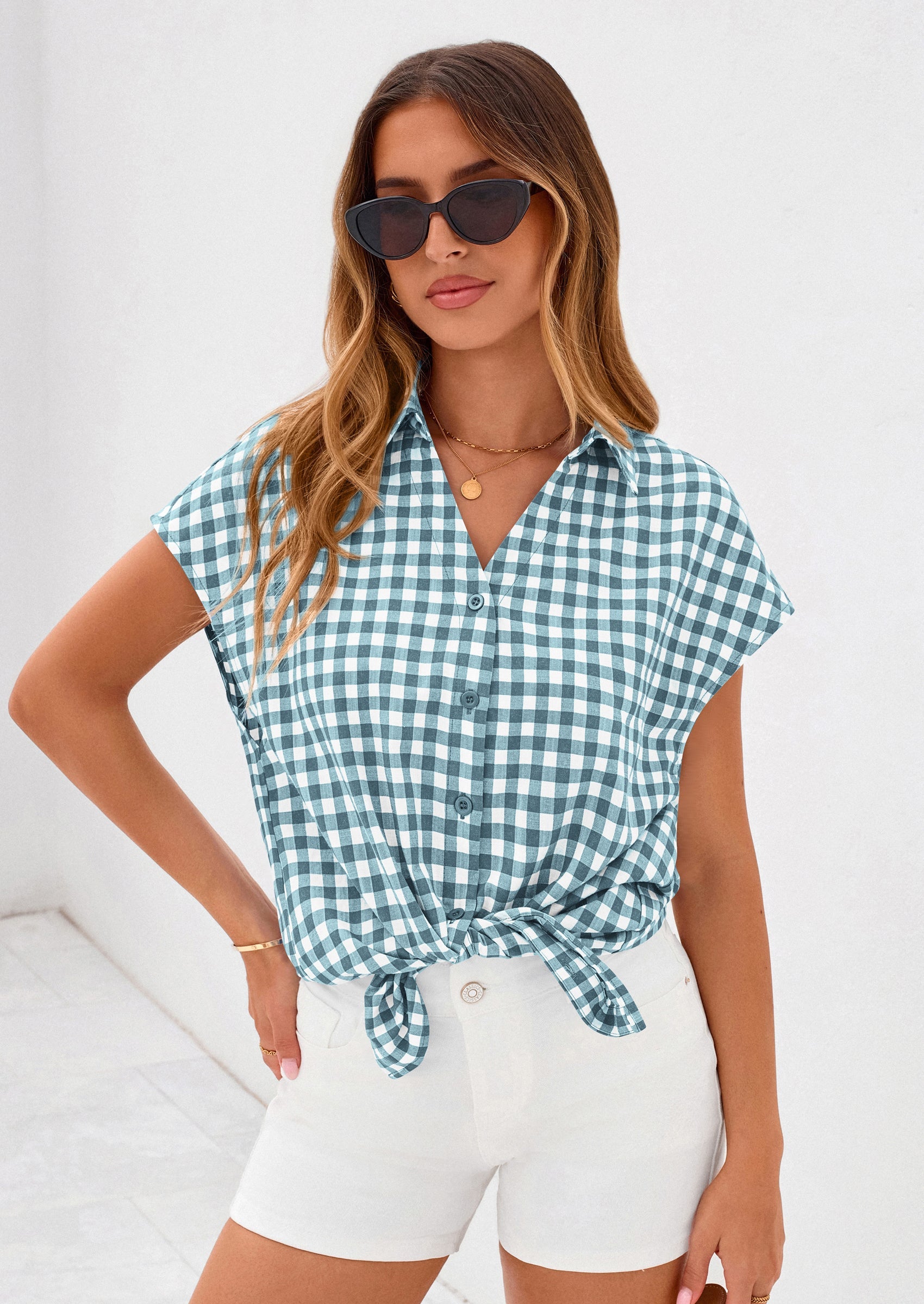 PRETTYGARDEN Womens Button Dwon Shirts V Neck Short Cap Sleeve Collared Plaid Tops Summer Spring Casual Blouses Clothes PRETTYGARDEN