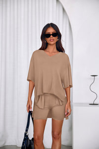 PRETTYGARDEN 2 Piece Sets for Women Summer Lounge Short Set Spring Matching Biker Shorts V Neck Oversized Shirt Clothing PRETTYGARDEN