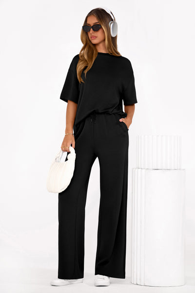 PRETTYGARDEN Women's Summer 2 Piece Lounge Set Short Sleeve Tops Wide Leg Pants Spring Vacation Travel Outfits Clothes PRETTYGARDEN