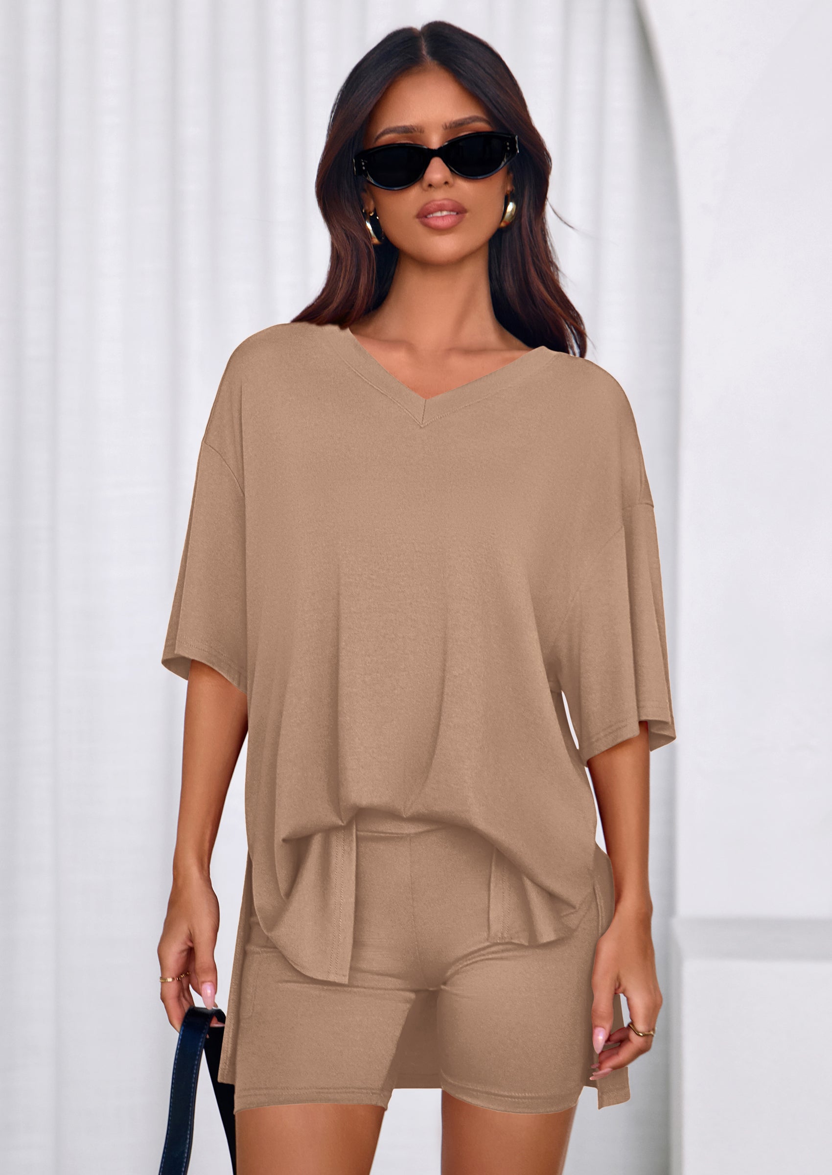 PRETTYGARDEN 2 Piece Sets for Women Summer Lounge Short Set Spring Matching Biker Shorts V Neck Oversized Shirt Clothing PRETTYGARDEN