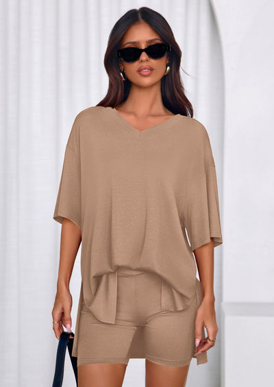 PRETTYGARDEN 2 Piece Sets for Women Summer Lounge Short Set Spring Matching Biker Shorts V Neck Oversized Shirt Clothing PRETTYGARDEN