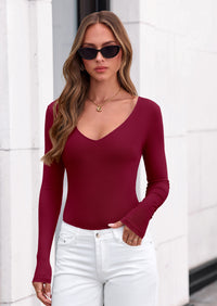 PRETTYGARDEN Bodysuits for Women Fall Long Sleeve Shirts V Neck Slim Fitted Basic Tees Going Out Tops Fashion Clothing