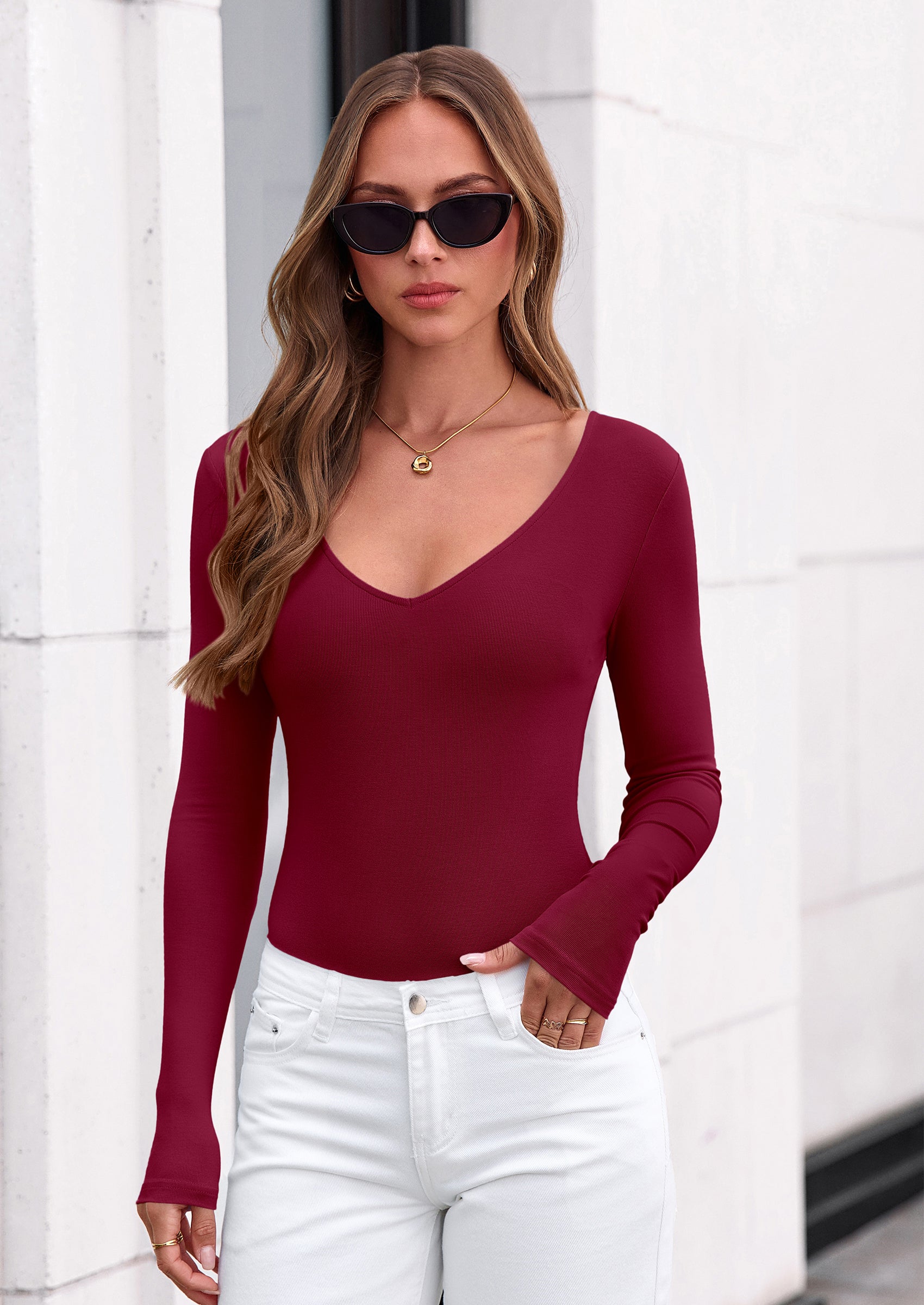 PRETTYGARDEN Bodysuits for Women Fall Long Sleeve Shirts V Neck Slim Fitted Basic Tees Going Out Tops Fashion Clothing