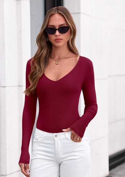 PRETTYGARDEN Bodysuits for Women Fall Long Sleeve Shirts V Neck Slim Fitted Basic Tees Going Out Tops Fashion Clothing
