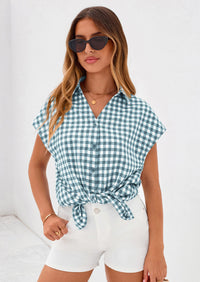 PRETTYGARDEN Womens Button Dwon Shirts V Neck Short Cap Sleeve Collared Plaid Tops Summer Spring Casual Blouses Clothes PRETTYGARDEN
