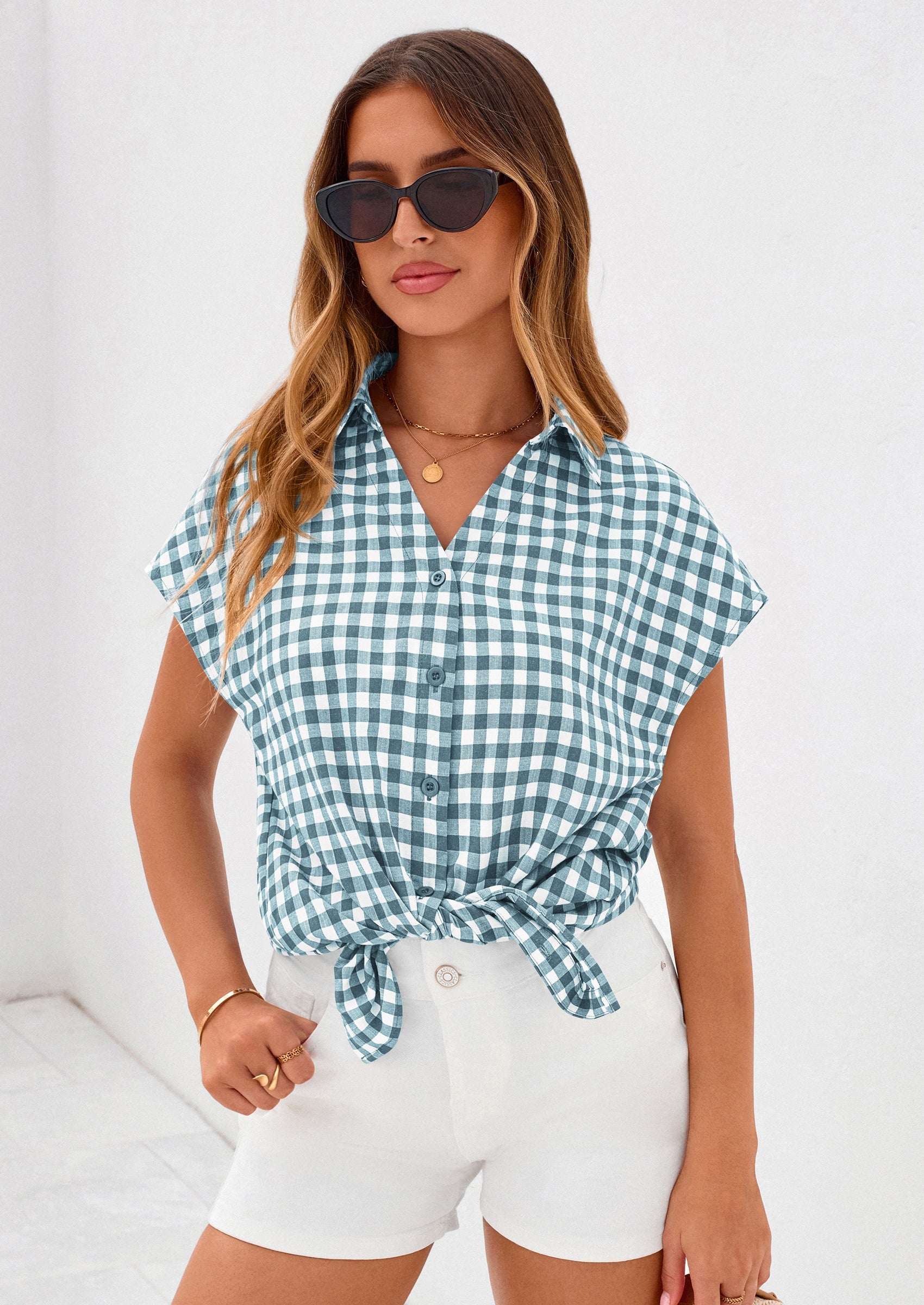 PRETTYGARDEN Womens Button Dwon Shirts V Neck Short Cap Sleeve Collared Plaid Tops Summer Spring Casual Blouses Clothes PRETTYGARDEN