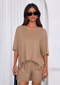 PRETTYGARDEN 2 Piece Sets for Women Summer Lounge Short Set Spring Matching Biker Shorts V Neck Oversized Shirt Clothing PRETTYGARDEN