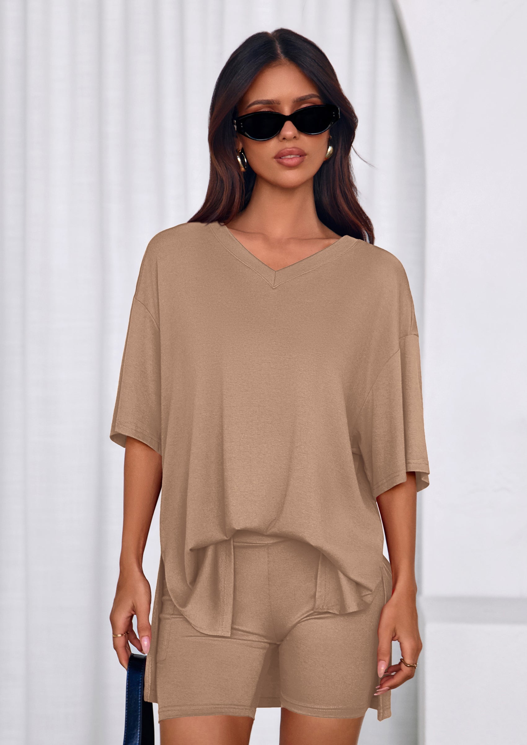 PRETTYGARDEN 2 Piece Sets for Women Summer Lounge Short Set Spring Matching Biker Shorts V Neck Oversized Shirt Clothing PRETTYGARDEN