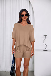 PRETTYGARDEN 2 Piece Sets for Women Summer Lounge Short Set Spring Matching Biker Shorts V Neck Oversized Shirt Clothing PRETTYGARDEN