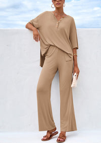 PRETTYGARDEN Women's 2 Piece Outfits Summer Casual V Neck Short Sleeve Tops Wide Leg Pants Matching Lounge Sets