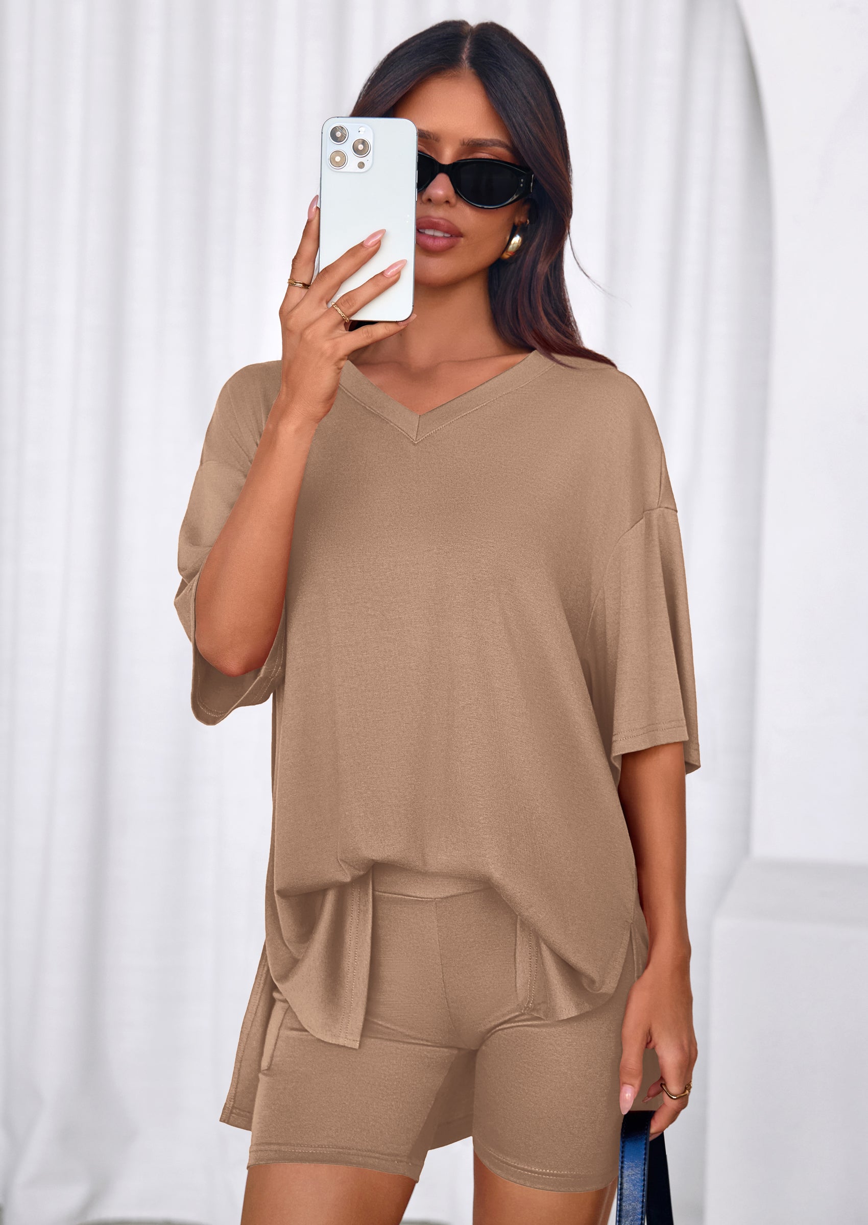 PRETTYGARDEN 2 Piece Sets for Women Summer Lounge Short Set Spring Matching Biker Shorts V Neck Oversized Shirt Clothing PRETTYGARDEN