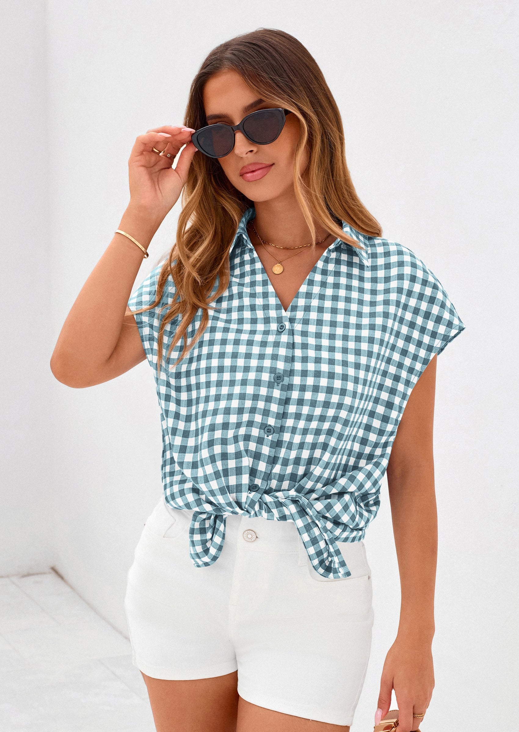 PRETTYGARDEN Womens Button Dwon Shirts V Neck Short Cap Sleeve Collared Plaid Tops Summer Spring Casual Blouses Clothes PRETTYGARDEN